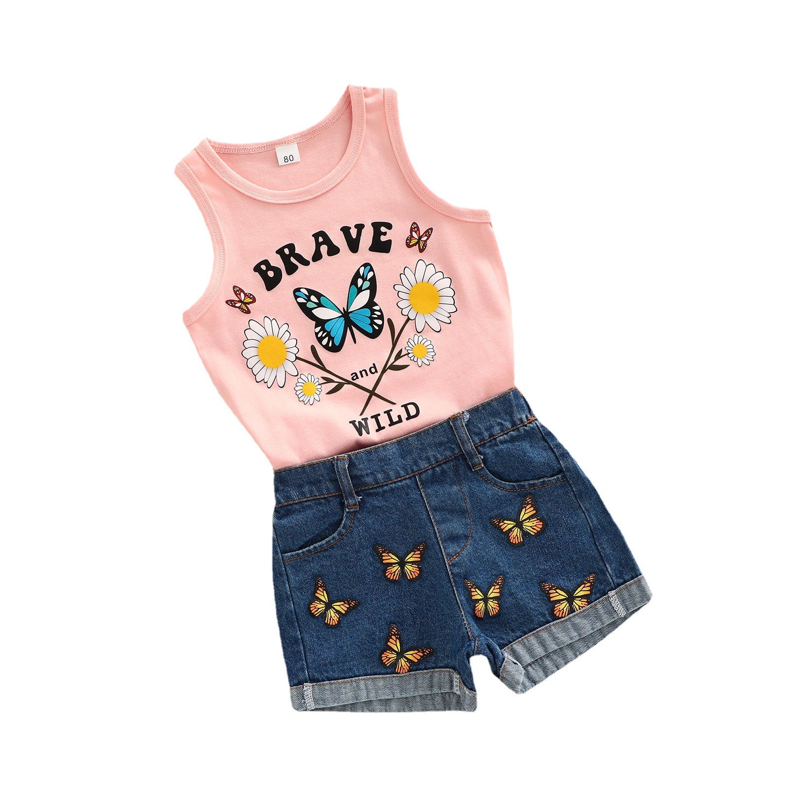 Wholesale Cotton Rainbow Butterfly Print Tank Top Denim Shorts Girls Set
